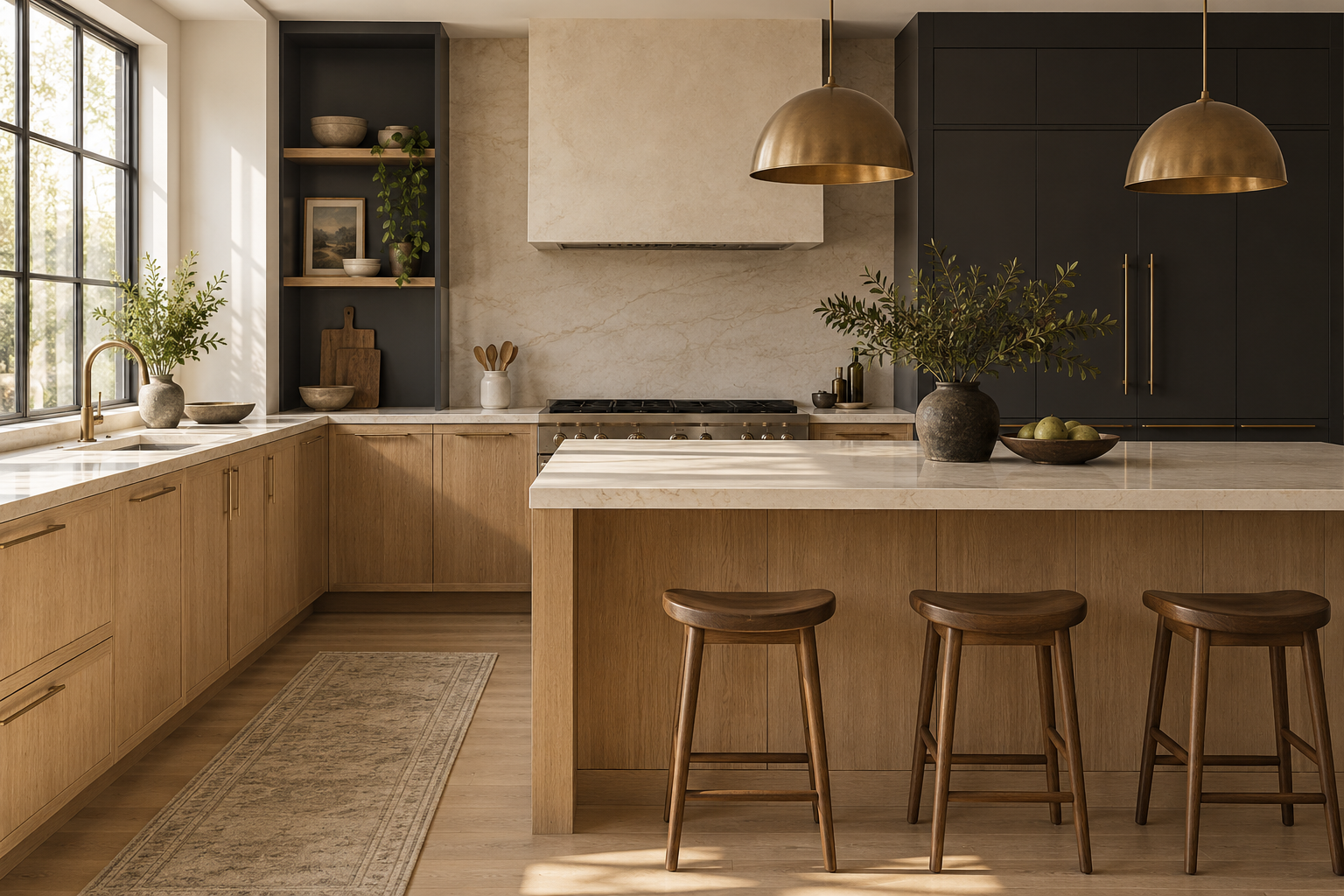 Illustrative kitchen design with warm oak cabinetry and dark painted cabinets